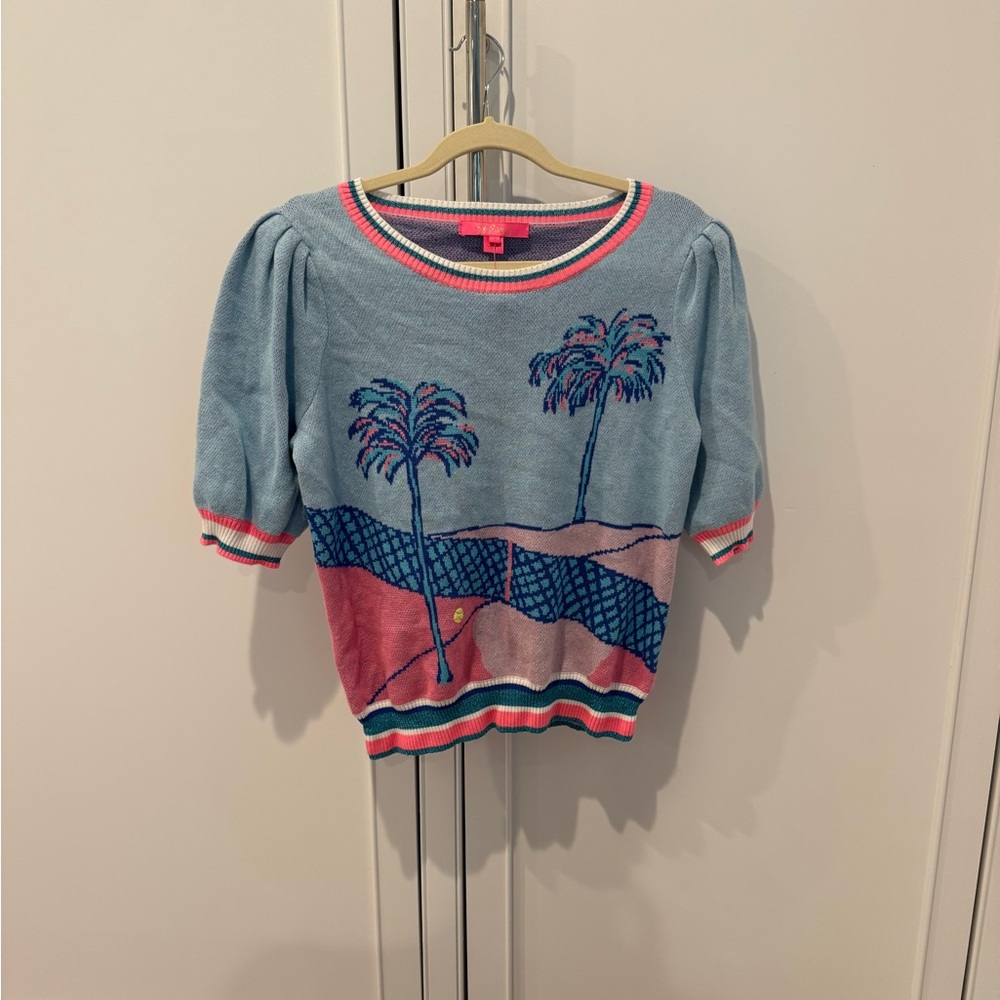 Lilly Pulitzer Ravello Blue Palm Intarsia Sweater with Pink Accents - Picture 4 of 5